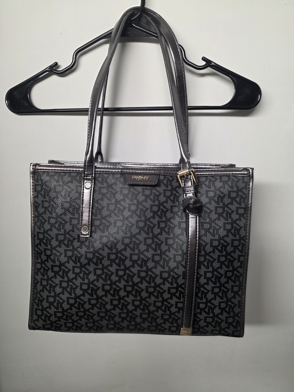 DKNY Black Logo Jacquard Tote with Metallic Trim